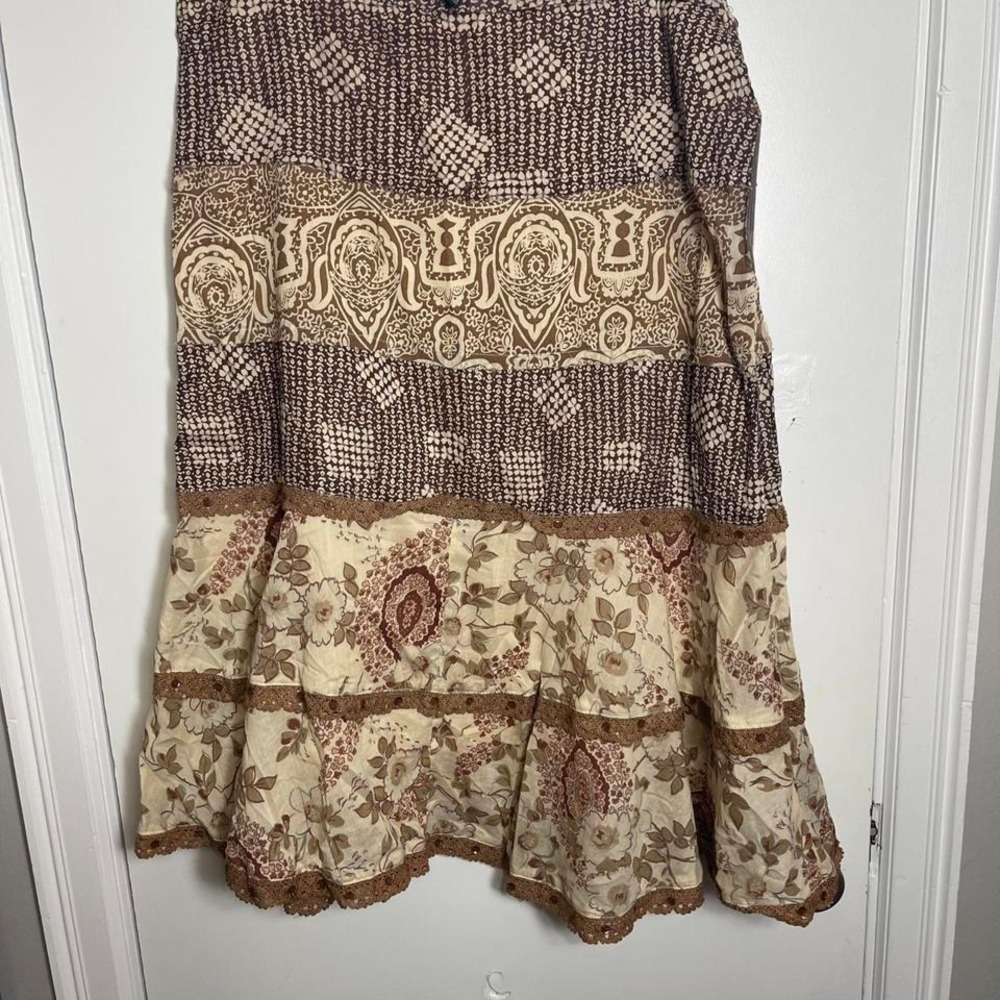Brown and cream patchwork skirt with lace trim